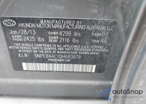 2013 Hyundai Sonata Gls from USA, damaged, VIN 5NPEB4AC1DH683979